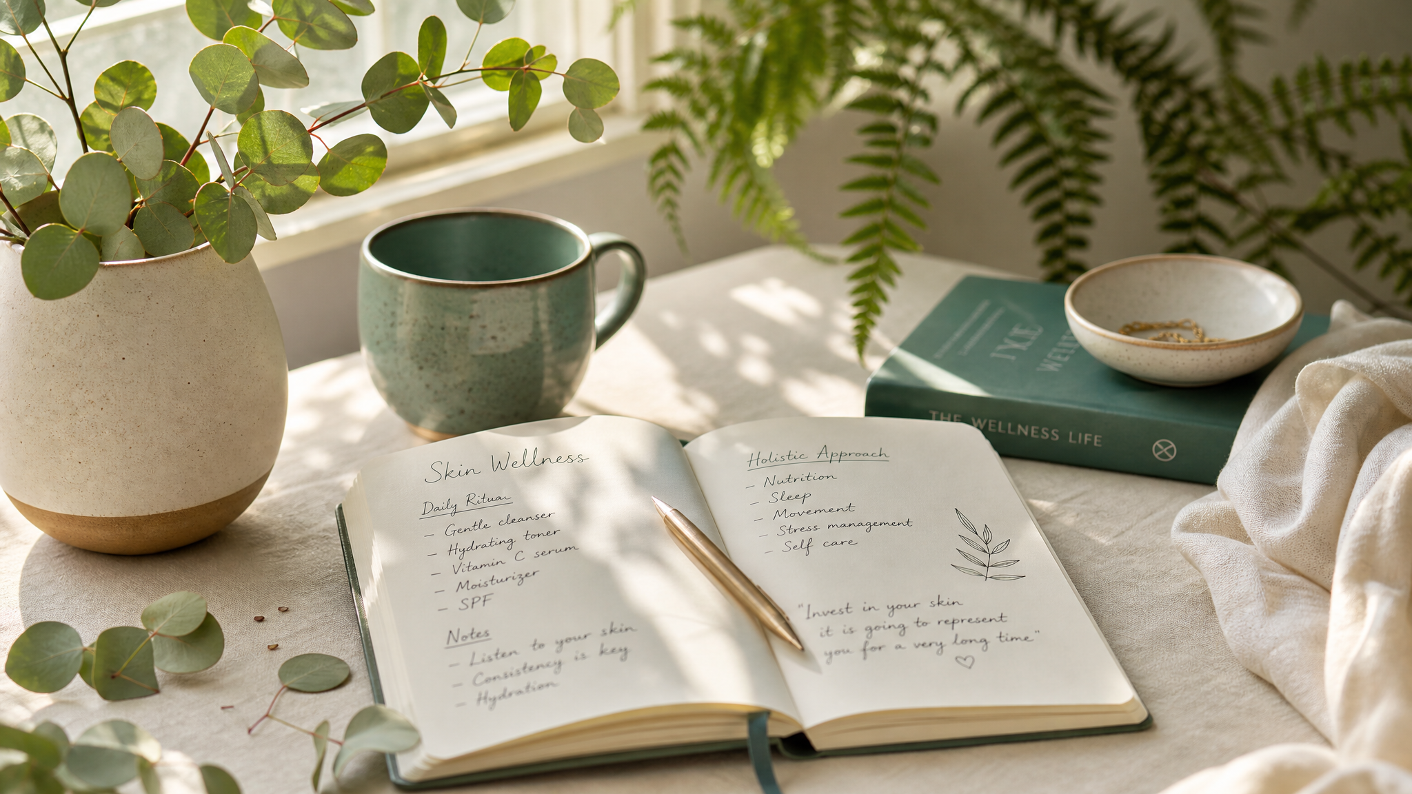 A calm writing desk with a notebook and greenery, representing articles on skin health and clinical nutrition