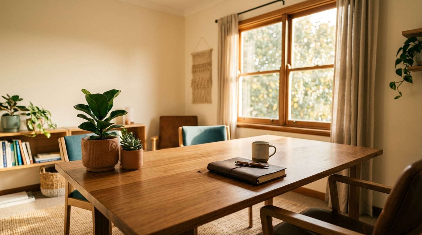 A calm practitioner’s consultation desk with a notebook, pen and soft greenery in warm sunlight