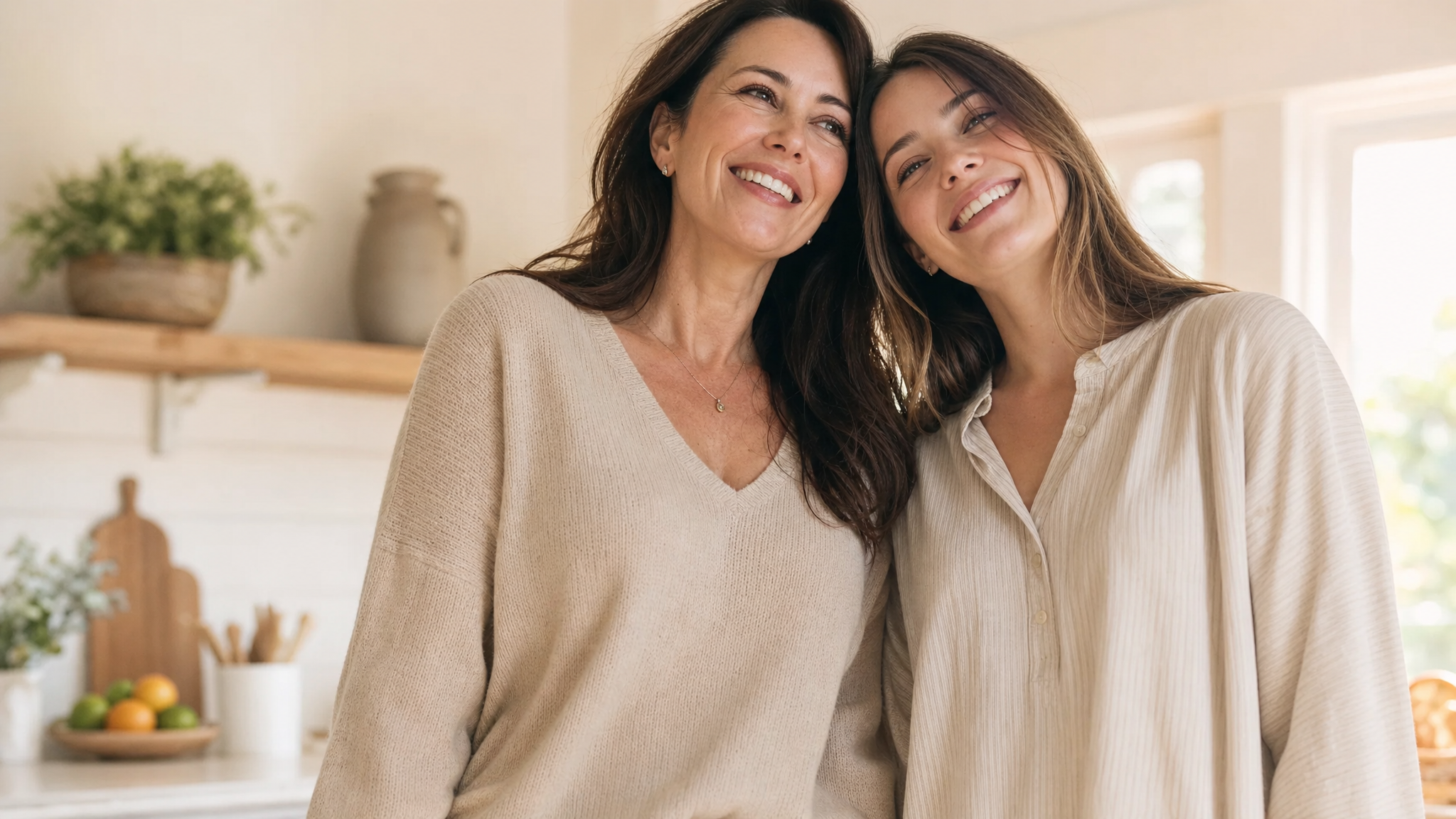 A mother and her adult daughter with clear, healthy skin smiling together in a bright kitchen