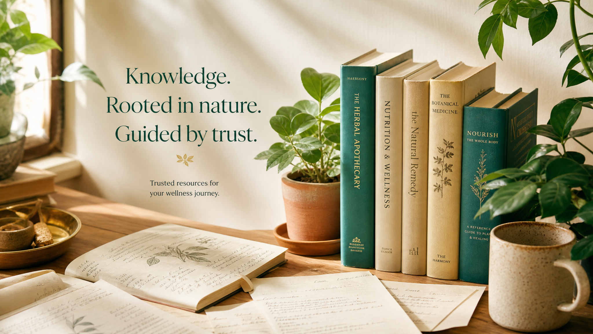 A warm collection of health books, notes and greenery representing trusted educational resources