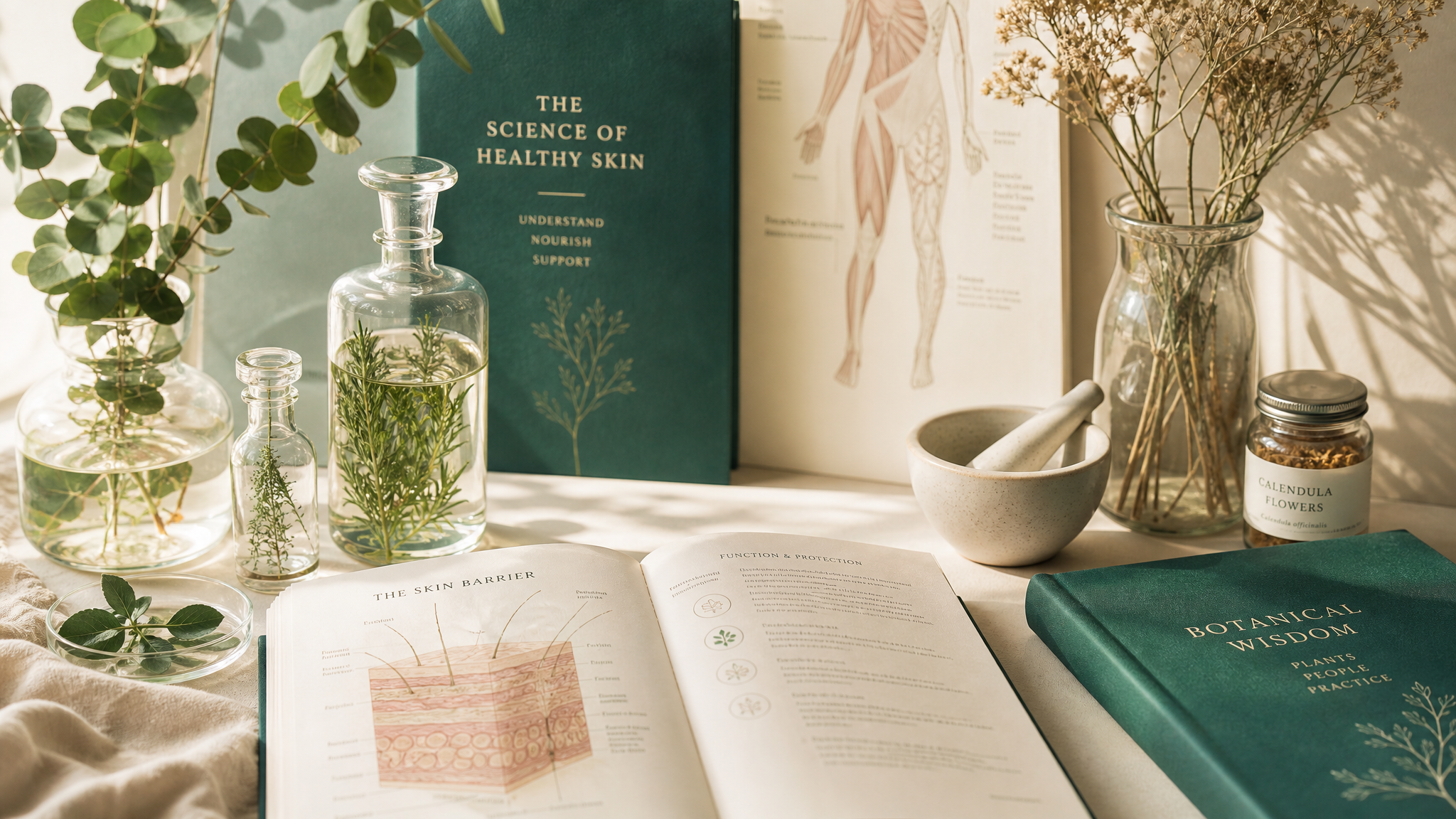 A calm botanical still life representing understanding the science behind skin and body health