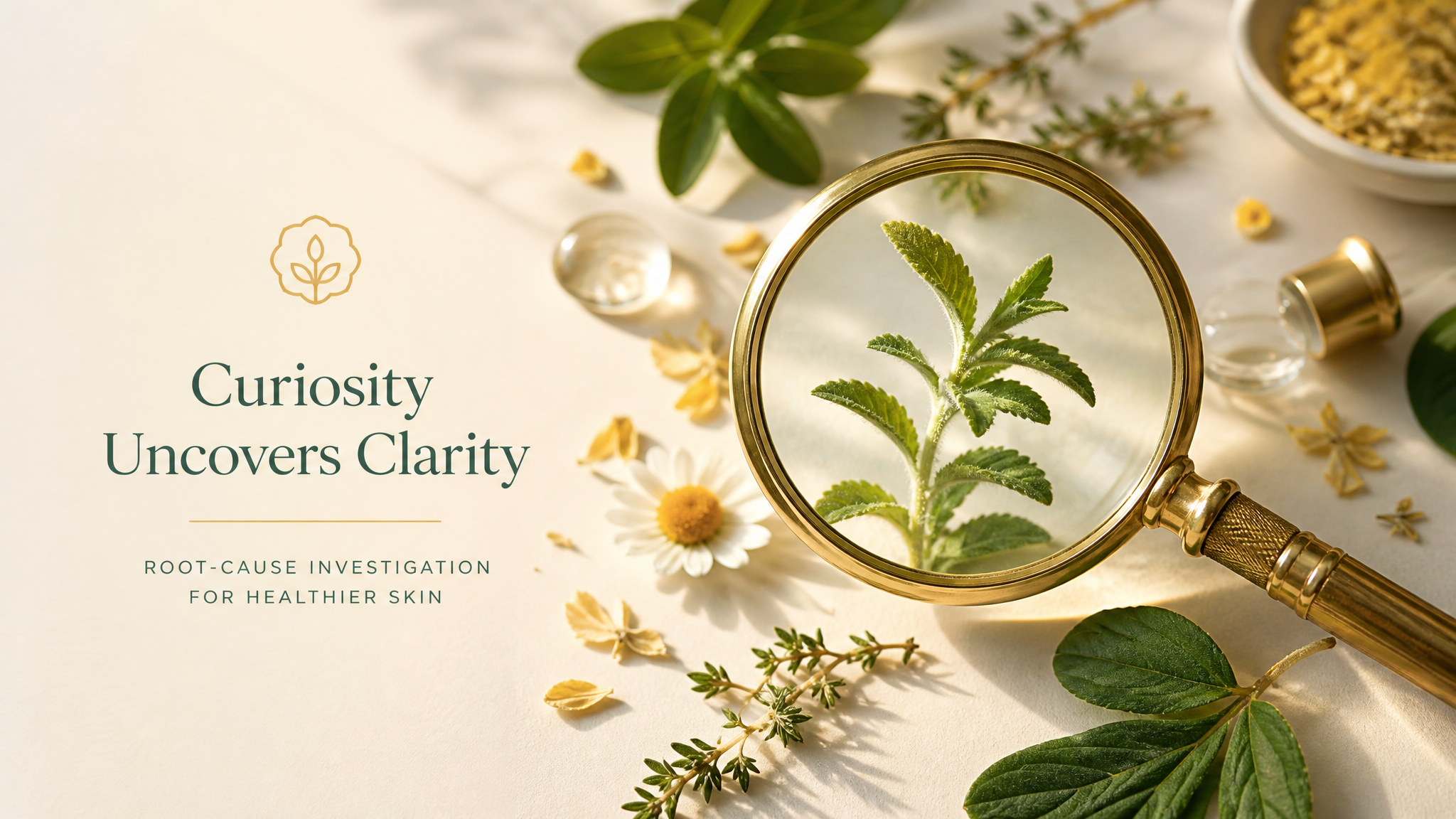 A magnifying glass over natural botanicals, representing the search for the root cause of chronic skin conditions